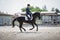 Man rider and black stallion horse galloping during equestrian dressage competition