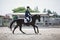 Man rider and black stallion horse galloping during equestrian dressage competition