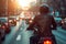 A man rides a motorcycle in city traffic, View from the back, Close-up