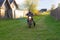 A man rides a motorcycle on a village road.