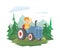 A man rides a tractor in a field. Mountain landscape in the background. Agricultural work. Vector illustration, isolated