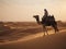 A man riding on the back of a camel in the desert. Generative AI image.