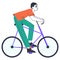 Man riding bicycle, linear male on bike. Bike riding, cyclist ride bicycle flat vector illustration on white background