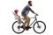 Man riding a bicycle with a little girl with a helmet inside a childs seat