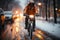 A man riding a bicycle in winter city during massive snowfall. Cycling in difficult weather conditions. Motion blur