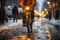 A man riding a bicycle in winter city during massive snowfall. Cycling in difficult weather conditions. Motion blur