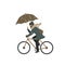Man is riding bike under the rain holding umbrella isolated vector