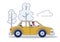 Man riding car on road over trees background. Cartoon male driving vehicle in countryside