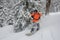 Man riding down the hill on the green snowboard on the background of trees