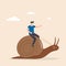 Man, riding snail, giving it commands. Strategy to achieve success leisurely