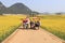 Man riding a waterbuffalo for the tourists among the rapeseed flowers fields of Luoping in Yunnan China .