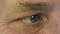 Man right eye extreme close up macro view half turned male face. Man read. Looking information. Smiling face. Eye motion