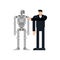 Man and robot. Businessman and cyborg. Robot will replace human