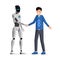 Man and robot handshake flat vector illustration. Cheerful guy and friendly humanoid cyborg shaking hands. Futuristic