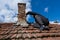 Man on the roof of an old house, using a trowel to repair the chimney