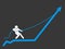 Man with a rope pulling arrow graph chart up. Profit and succes