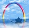 A man in a rowboat on a bay paddles beneath a rainbow the emerges as rain clouds clear
