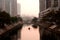 Man rowing boat through city