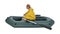 Man rowing inflatable rubber fishing boat on white