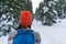Man With Rucksack Walk Snow Forest Young Traveler Outdoor Winter