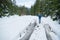 Man With Rucksack Walk Snow Forest Young Traveler Outdoor Winter