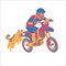 The man run motorcross with his puppy German Shepherd dog, wearing protective gear prevent accident, extreme sports activity