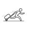 Man is running with a bag, hurrying to the transport, outline icon. Vector line illustration