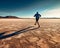 Man running in desert on dry lake bed. Generative AI