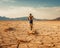 Man running in desert on dry lake bed. Generative AI