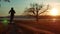 Man running down the road at sunset standing alone tree silhouette. Athletic young man running in the nature in Pine the