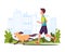 Man running or walking with dog in the park. Sports run with a pet. Concept of city runners