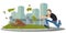 Man runs in park for banknotes. Guy wants to catch flying money. Illustration for internet and mobile website