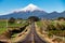 Man runs on a straight road toward snow mountain