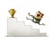 Man runs up some stairs to reach a golden trophy. isolated