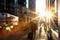 Man rushing down the sidewalk in Manhattan New York City with sunlight background