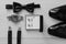 Man`s accessories with shoes cufflinks watch bowtie