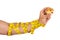 Man\'s arm wrapped in measuring tape holding muffin