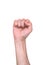 A man`s clenched fist isolated on a white background. A man`s hand raised. Human gesture. The concept of protest or battle