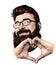 Man`s face in glasses with beard and luxuriant hair cute smiling with hands folded in heart shape