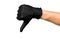 man`s hand in a black rubber glove shows a finger down isolated on a white background