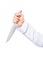 Man`s hand firmly holding a sharp knife close up on white