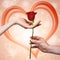 Man\'s hand giving a rose to a woman