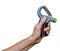 Man`s hand with hand expander hand gripper. Hand grip strengthening tool. Expander with spring.