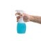 Man`s hand holding a blue  detergent spray bottle, isolated on a white background