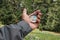 Man`s hand holding a compass at the forest.