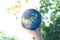 man\'s hand holding a globe, showing the world\'s healing, protecting the planet from global warming