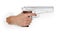 Man\'s hand holding a large silver handgun