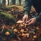 A man\\\'s hand holds a mushroom. Close up. AI generated image