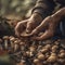 A man\\\'s hand holds a mushroom. Close up. AI generated image