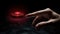 a man& x27;s hand hovering above a prominent red button set against a dark, suspenseful background. The image conveys the